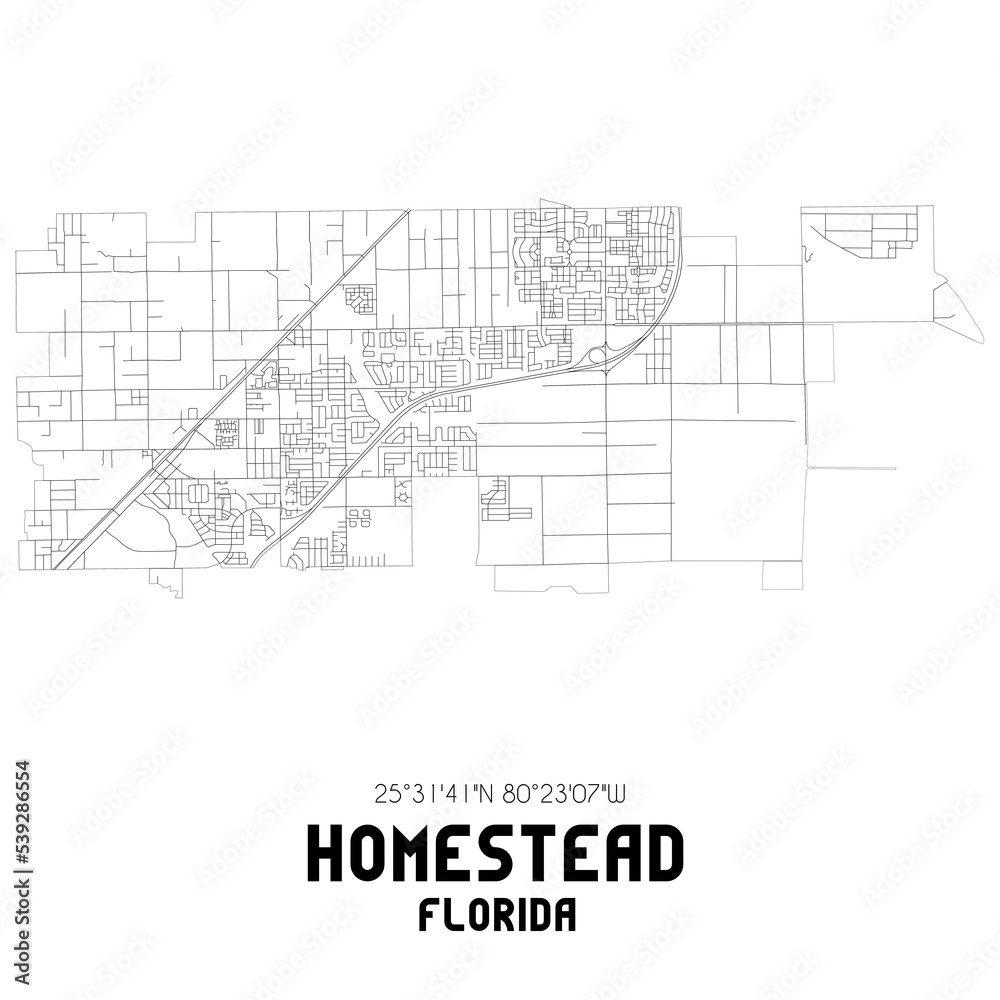 Homestead Florida. US street map with black and white lines.