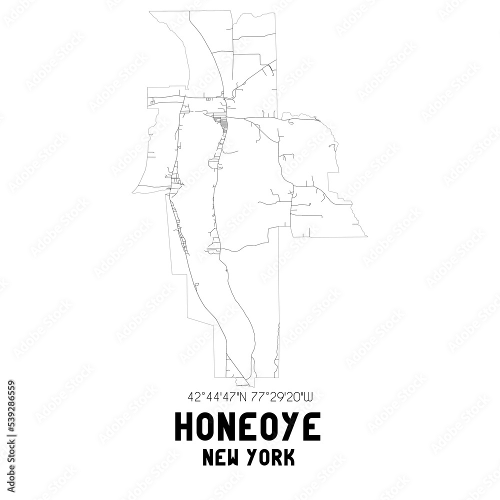 Honeoye New York. US street map with black and white lines.
