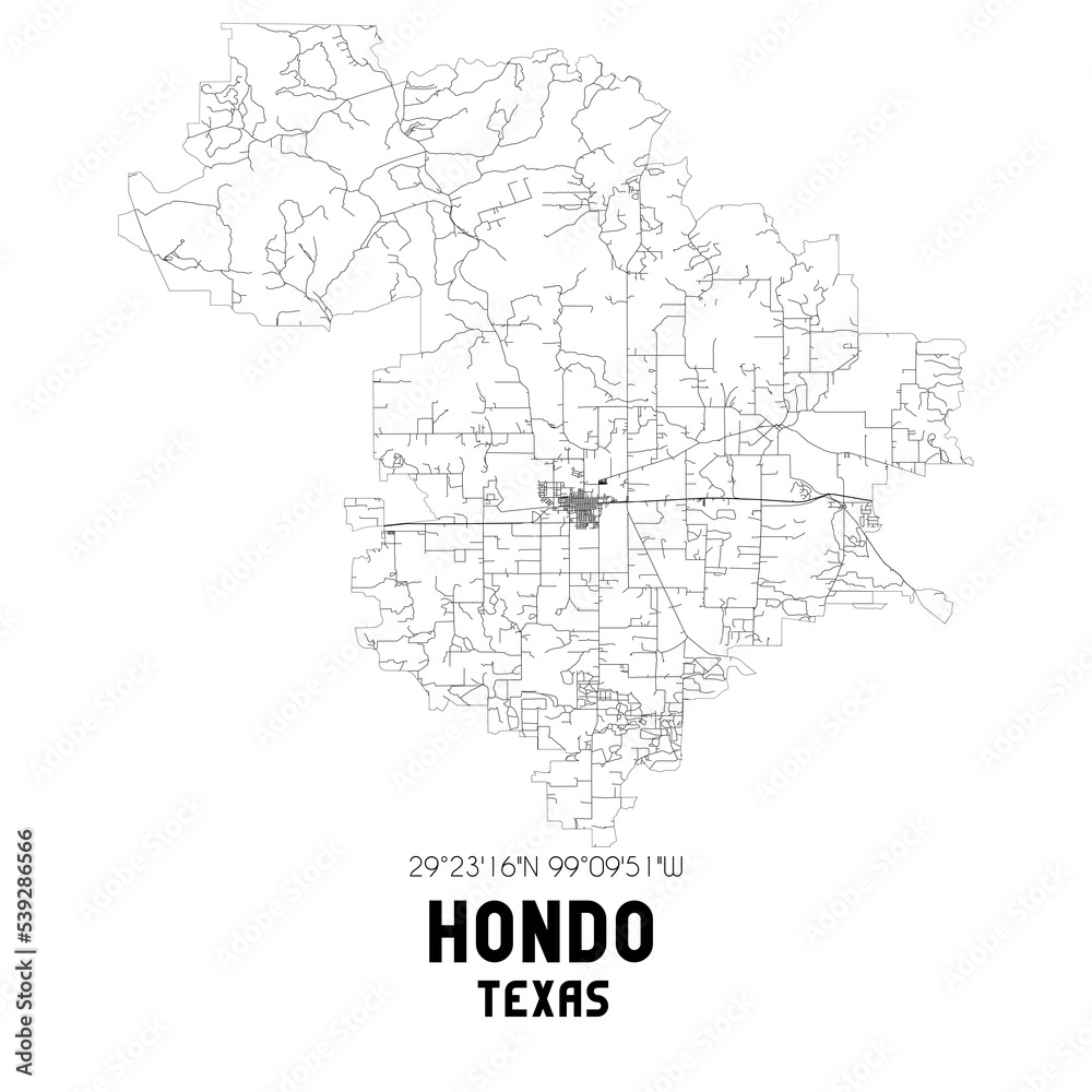 Hondo Texas. US street map with black and white lines.