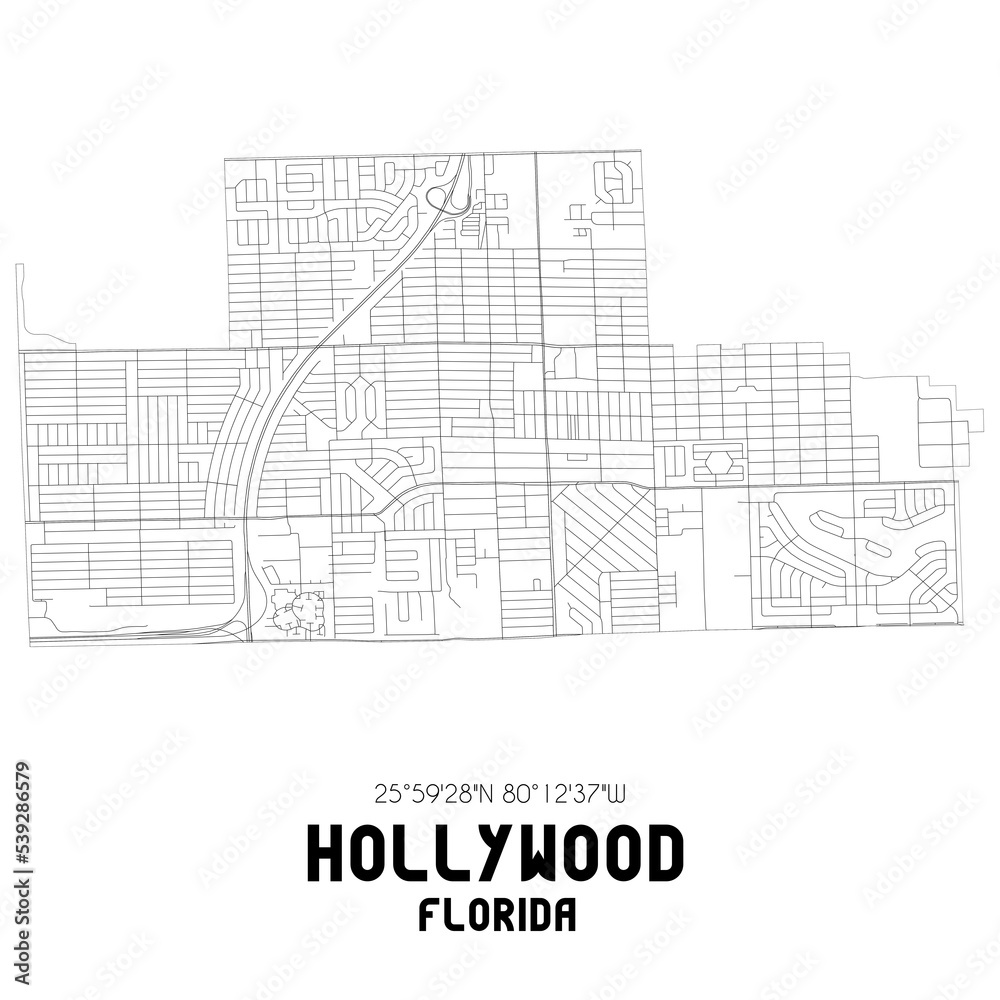 Hollywood Florida. US street map with black and white lines.