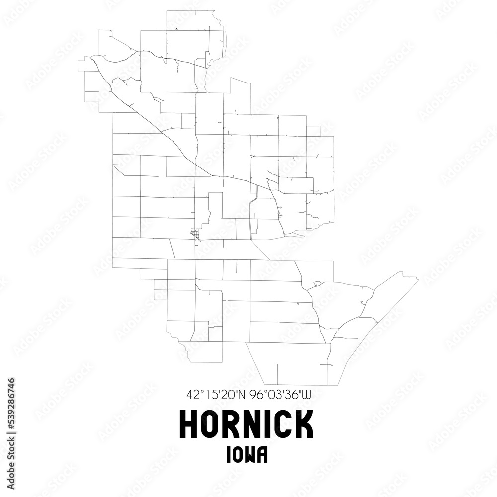 Hornick Iowa. US street map with black and white lines.