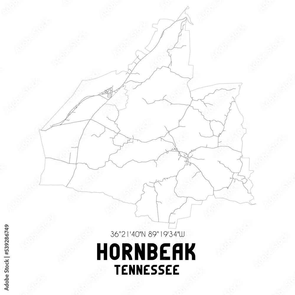 Hornbeak Tennessee. US street map with black and white lines.