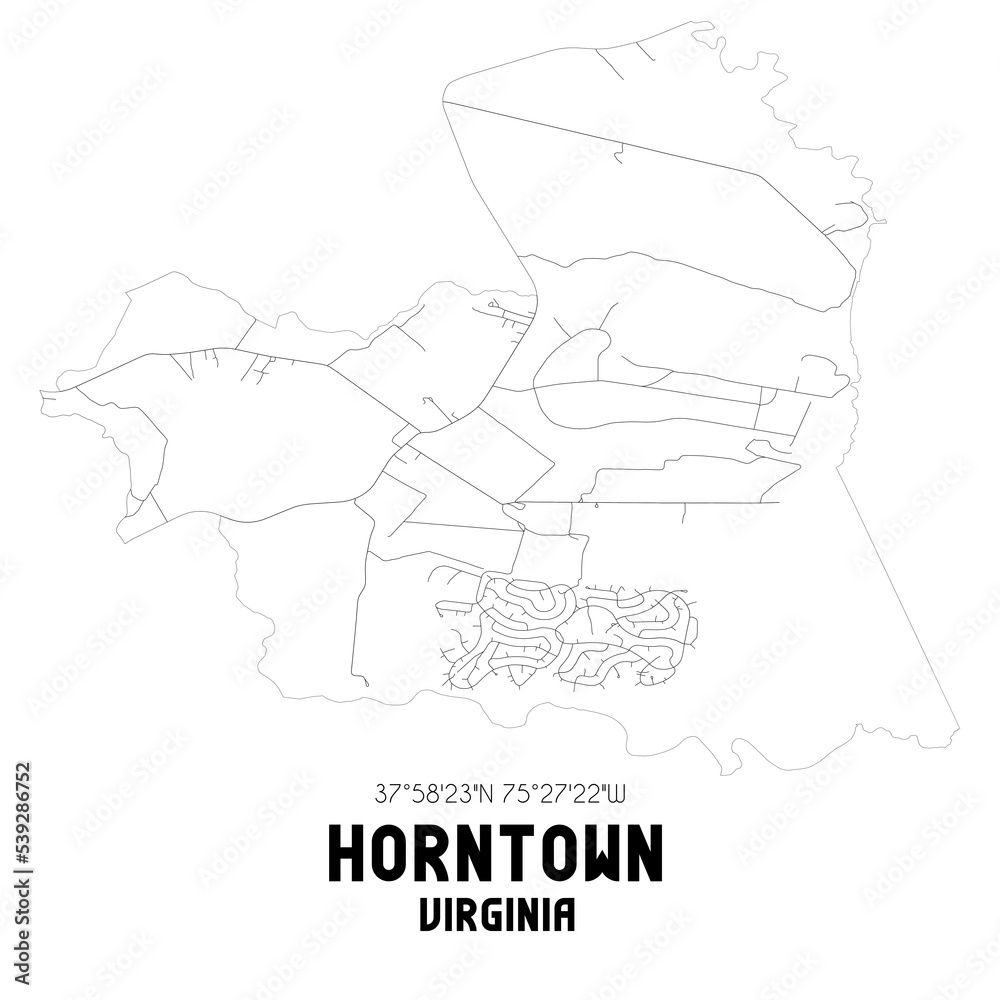 Horntown Virginia. US street map with black and white lines.