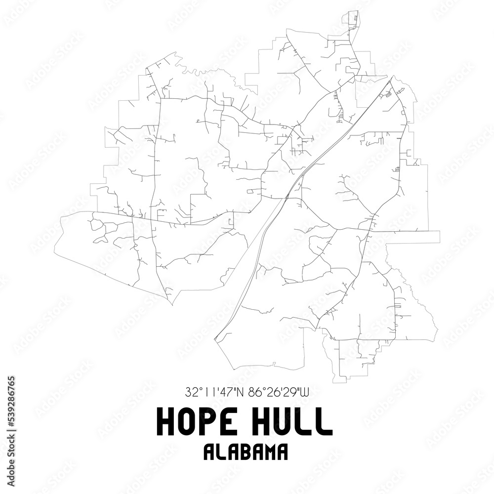 Hope Hull Alabama. US street map with black and white lines.