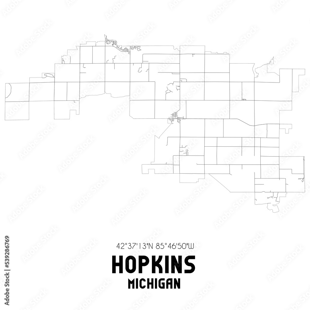 Hopkins Michigan. US street map with black and white lines.