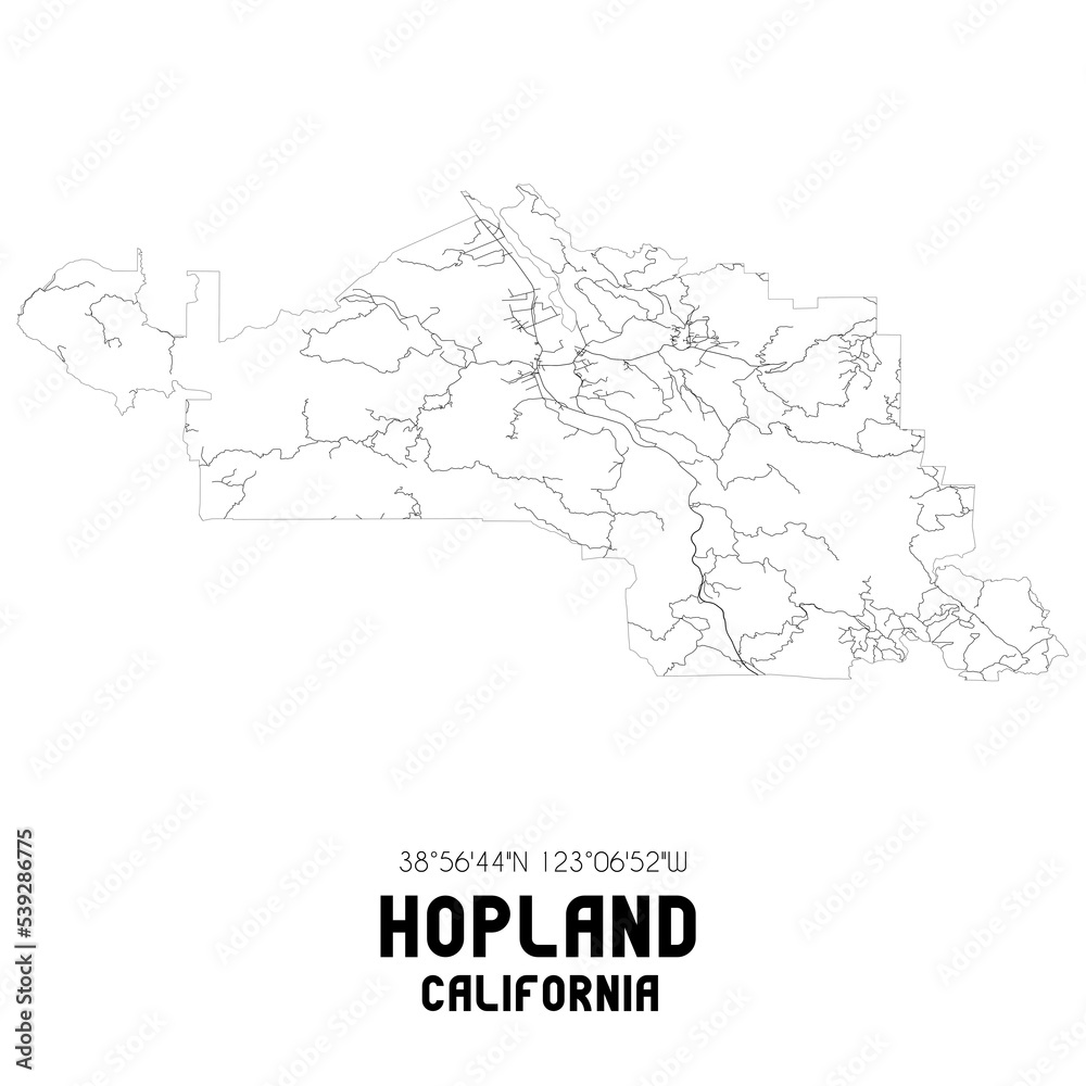Hopland California. US street map with black and white lines.