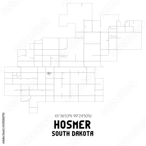 Hosmer South Dakota. US street map with black and white lines.