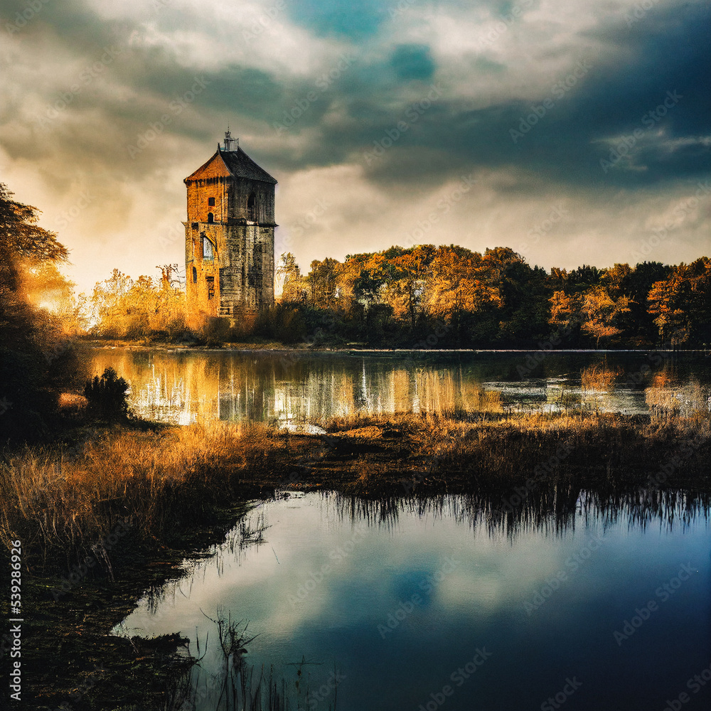 Ancient medieval ruin tower in a fantasy wetlands landscape Ancient medieval ruin tower in a fantasy wetlands landscape