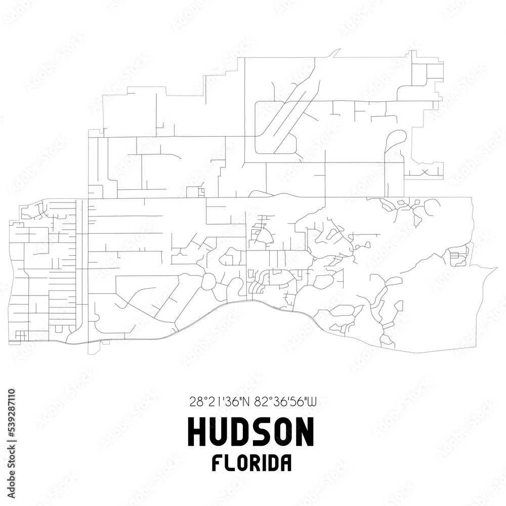Hudson Florida. US street map with black and white lines.