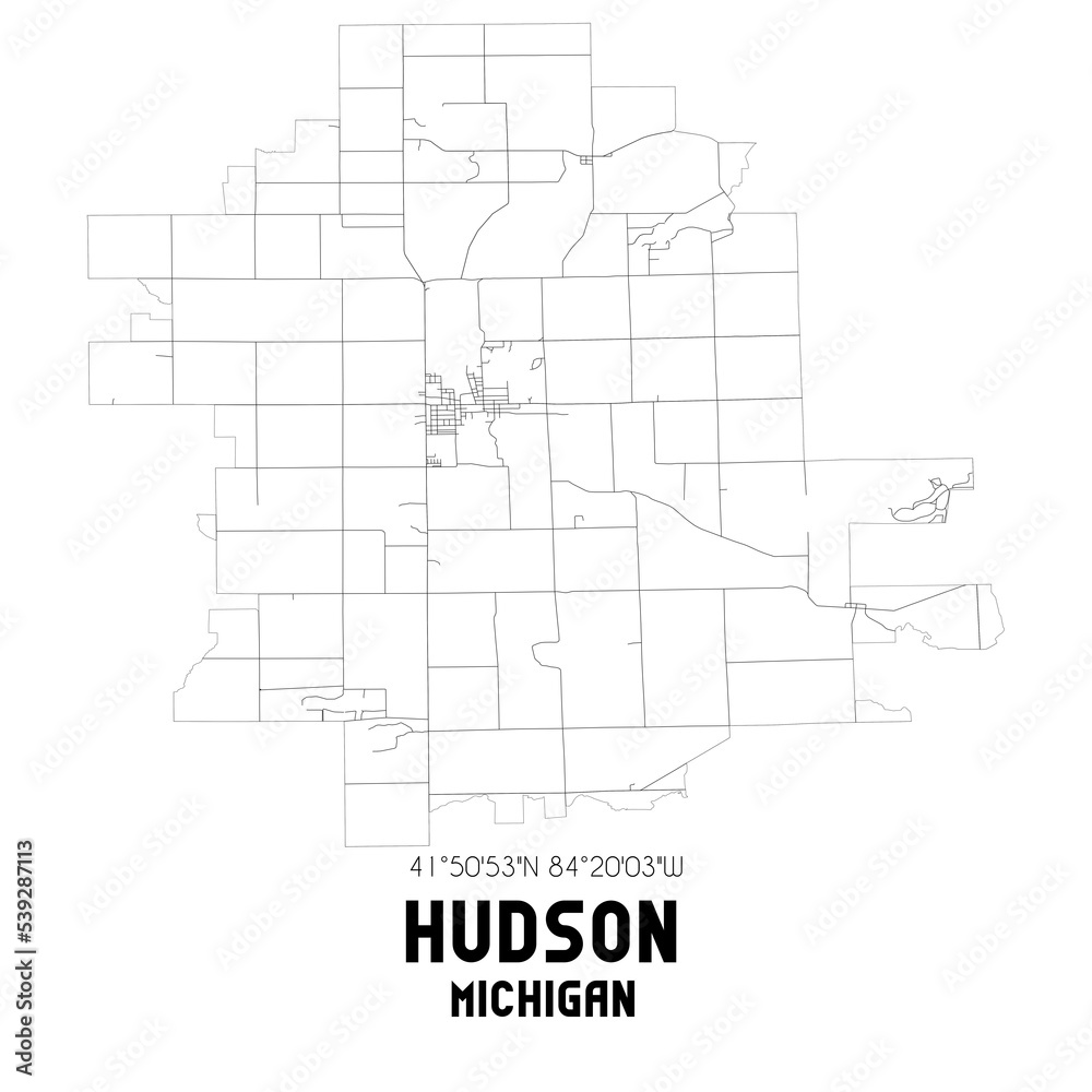 Hudson Michigan. US street map with black and white lines.