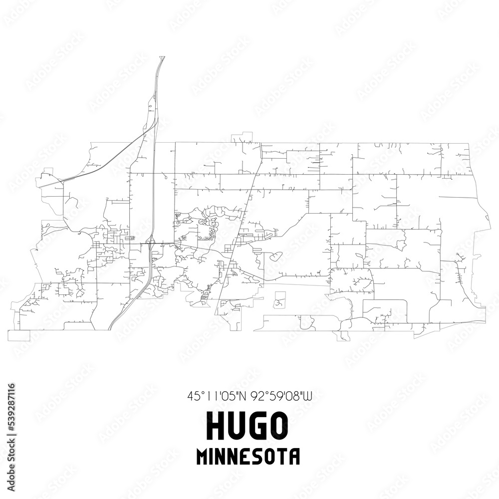 Hugo Minnesota. US street map with black and white lines.