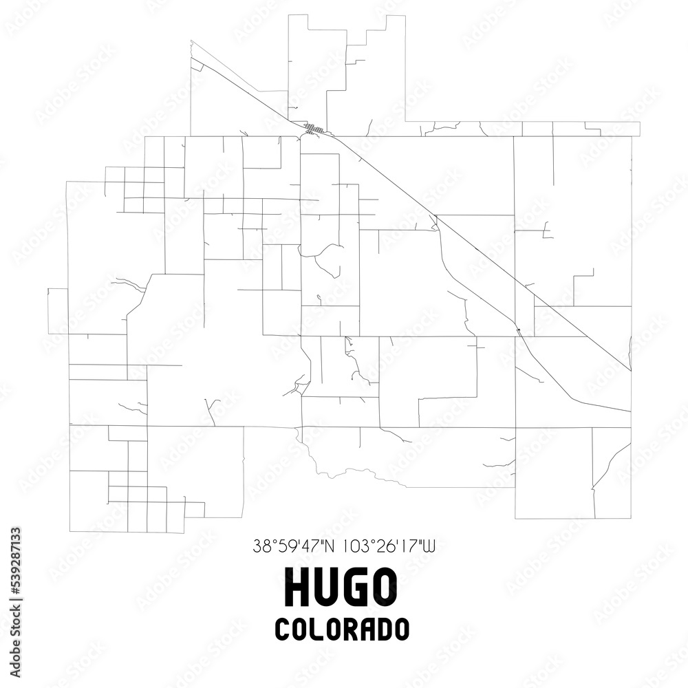 Hugo Colorado. US street map with black and white lines.