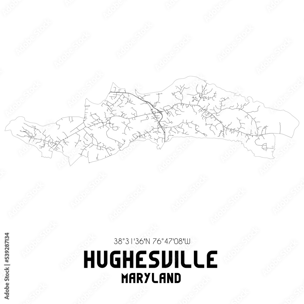 Hughesville Maryland. US street map with black and white lines.