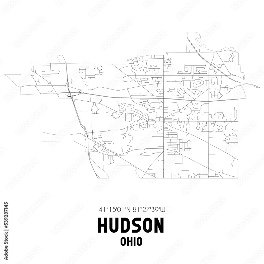 Hudson Ohio. US street map with black and white lines.