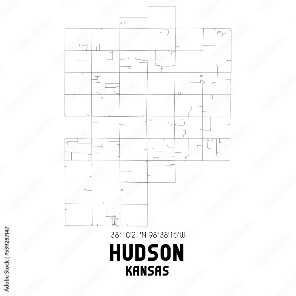Hudson Kansas. US street map with black and white lines.