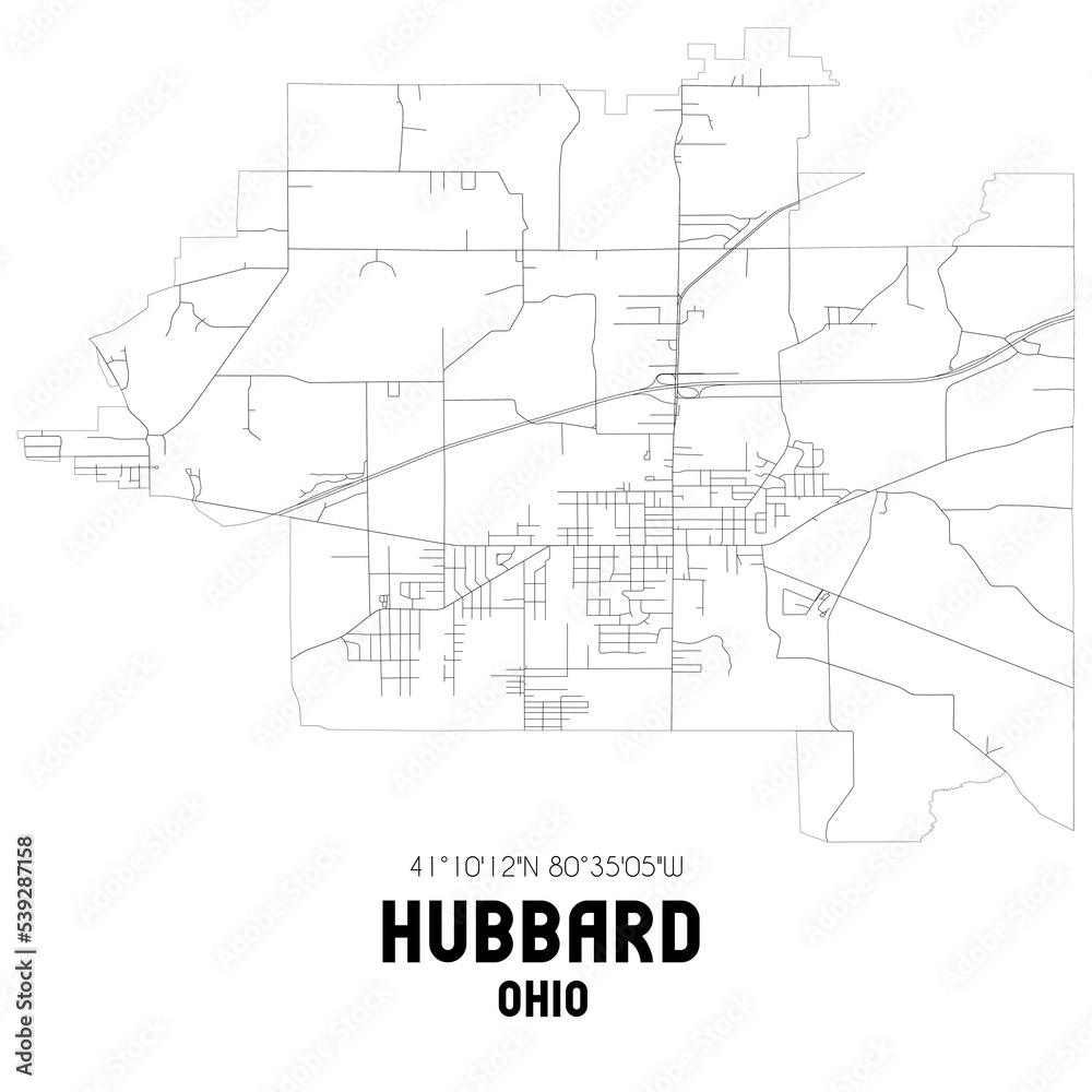 Hubbard Ohio. US street map with black and white lines.