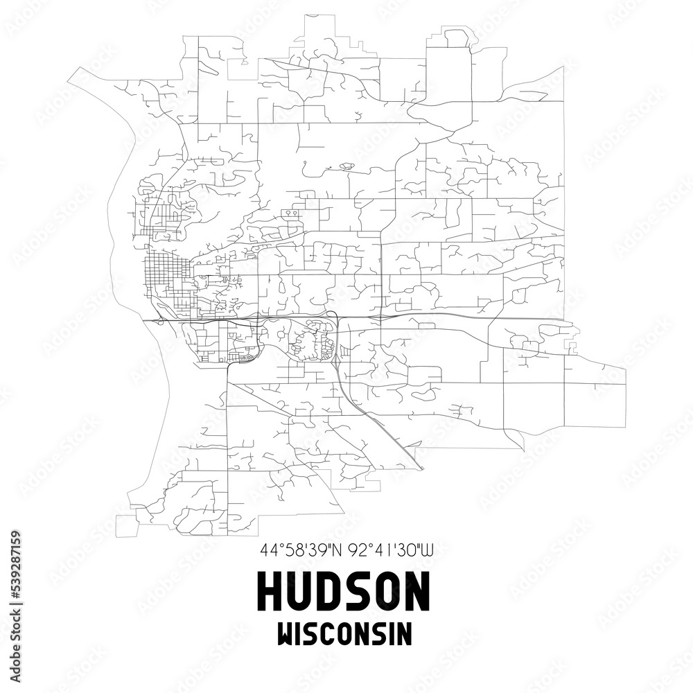 Hudson Wisconsin. US street map with black and white lines.