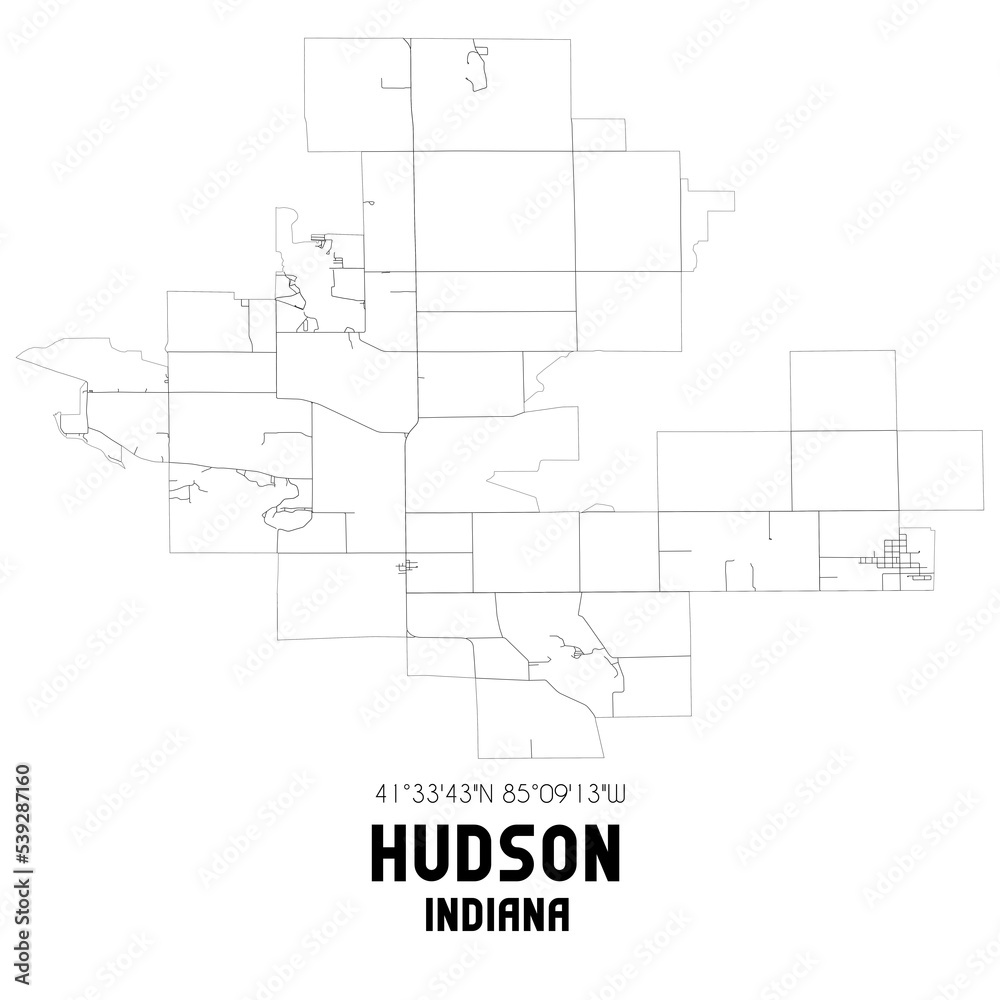 Hudson Indiana. US street map with black and white lines.