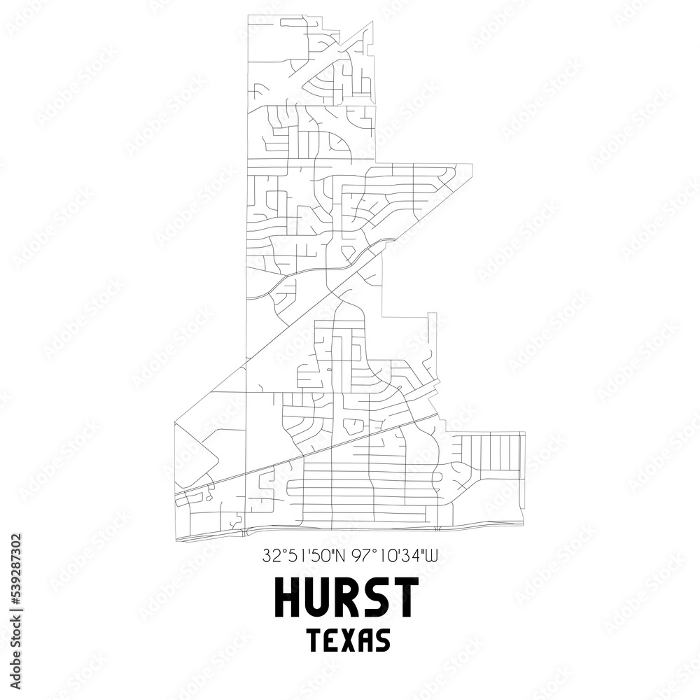 Hurst Texas. US street map with black and white lines.