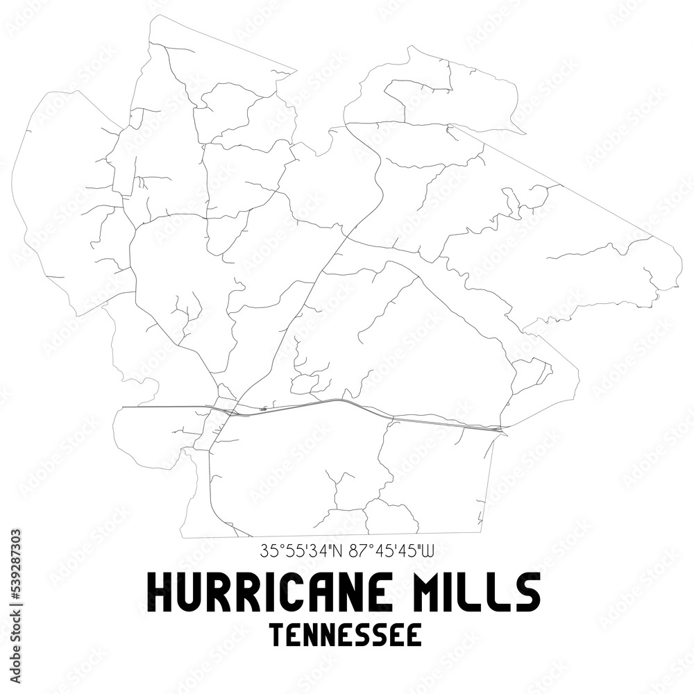 Hurricane Mills Tennessee. US street map with black and white lines.