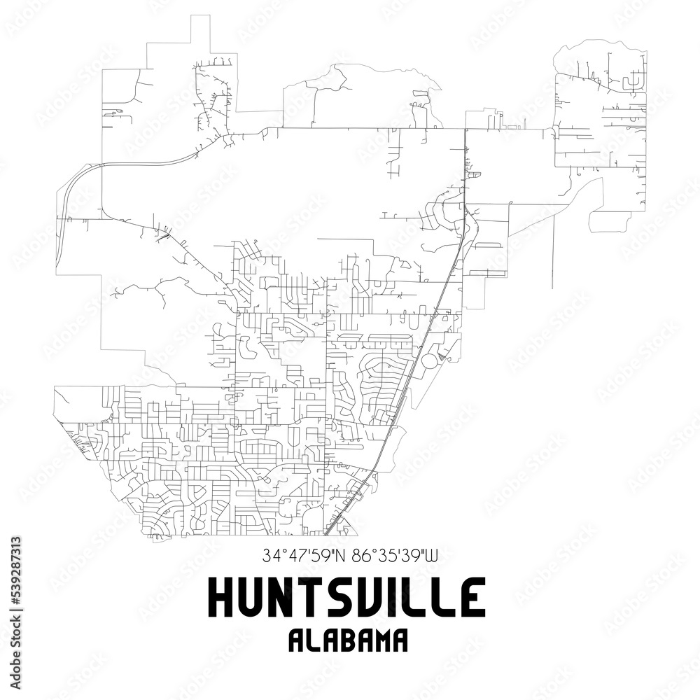 Huntsville Alabama. US street map with black and white lines.