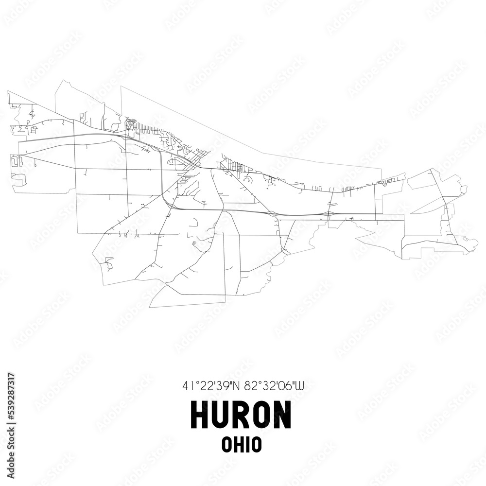 Huron Ohio. US street map with black and white lines.