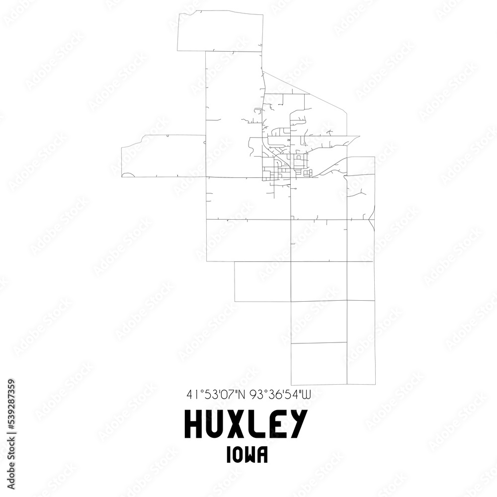 Huxley Iowa. US street map with black and white lines.