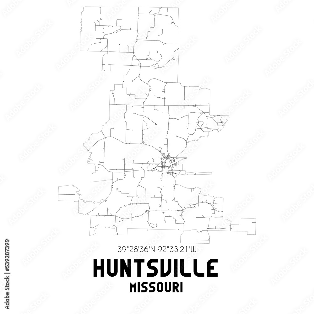 Huntsville Missouri. US street map with black and white lines.