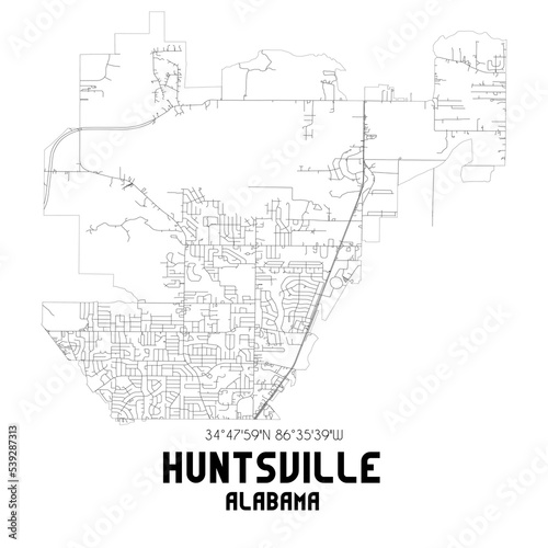 Huntsville Alabama. US street map with black and white lines.