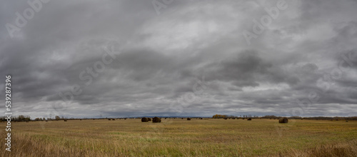 Panorama of a harvested farm field with round straw bales under a sky of dark moody looking clouds 
