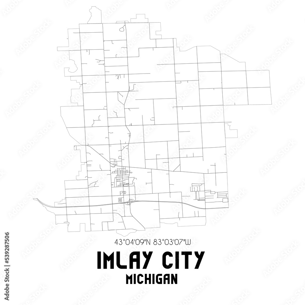 Imlay City Michigan. US street map with black and white lines.