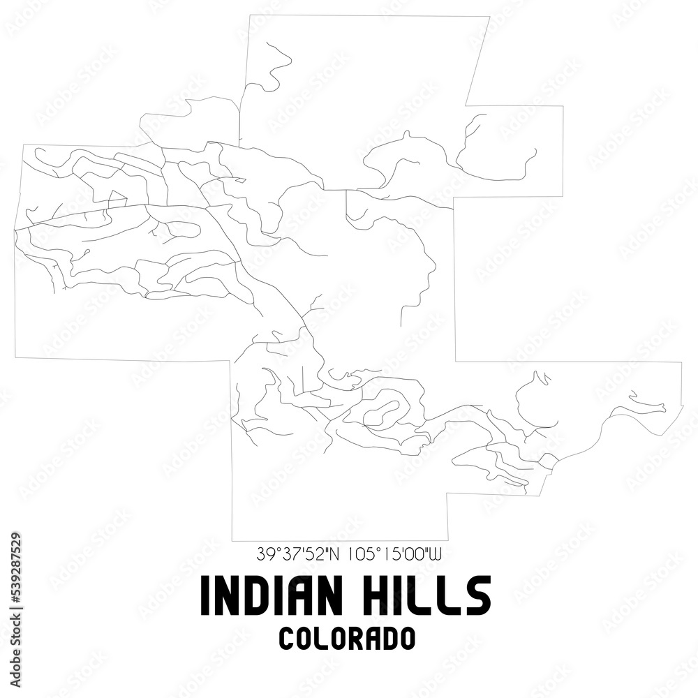 Indian Hills Colorado. US street map with black and white lines.