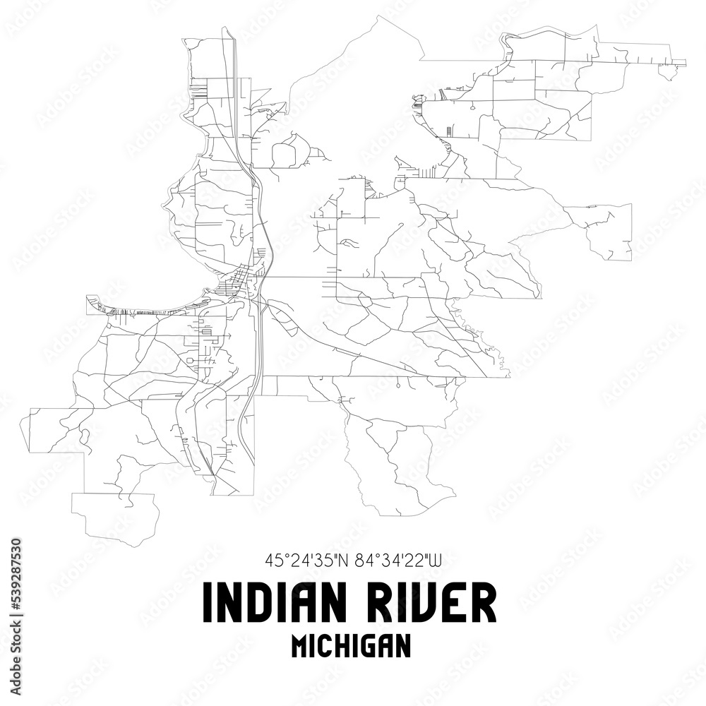 Indian River Michigan. US street map with black and white lines. Stock