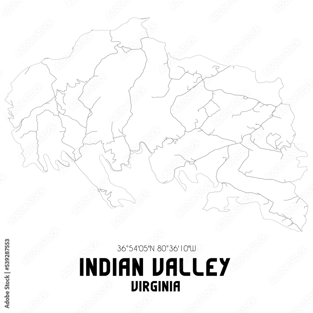 Indian Valley Virginia. US street map with black and white lines.