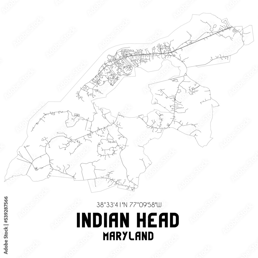 Indian Head Maryland. US street map with black and white lines.
