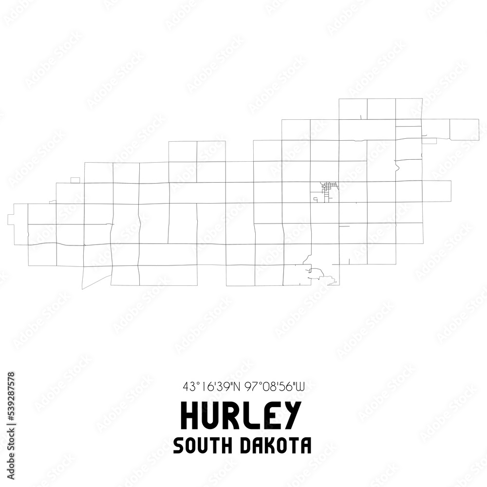 Hurley South Dakota. US street map with black and white lines.