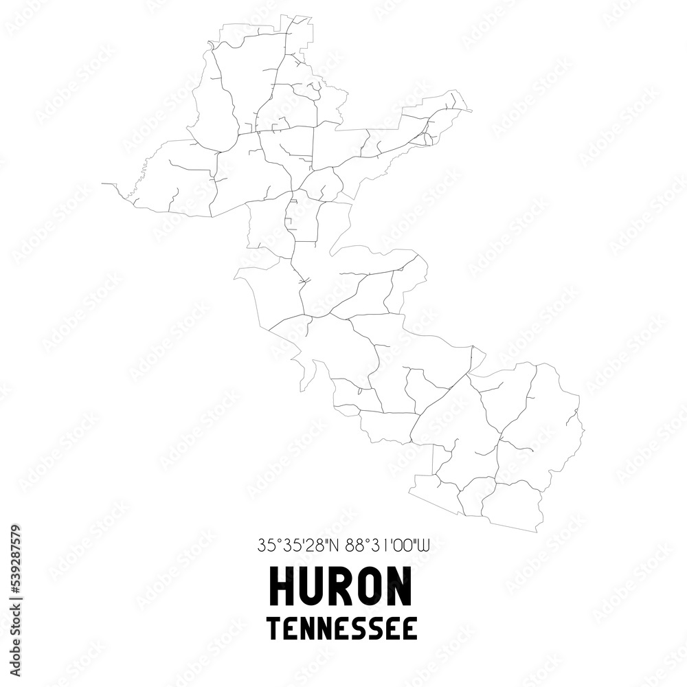 Huron Tennessee. US street map with black and white lines.