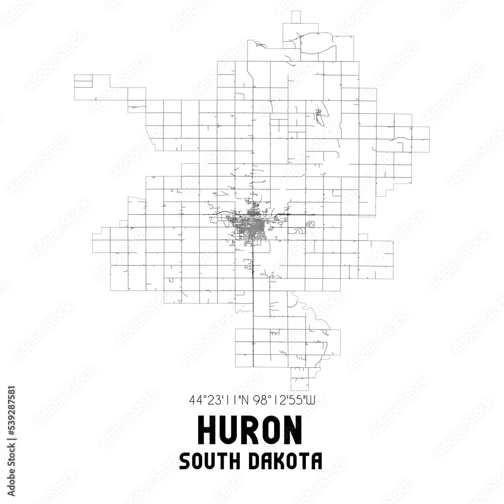 Huron South Dakota. US street map with black and white lines.
