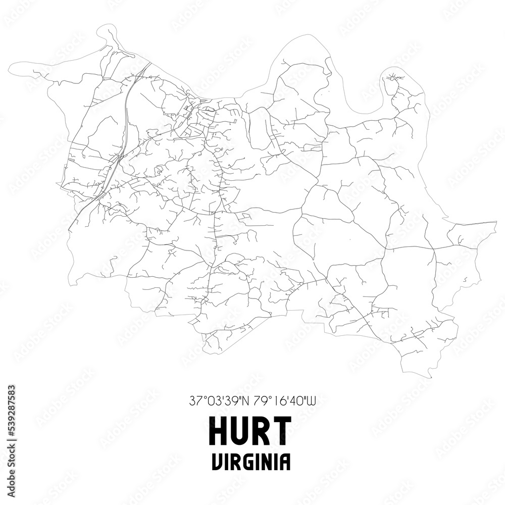 Hurt Virginia. US street map with black and white lines.