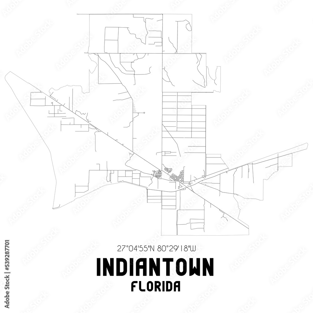 Indiantown Florida. US street map with black and white lines.