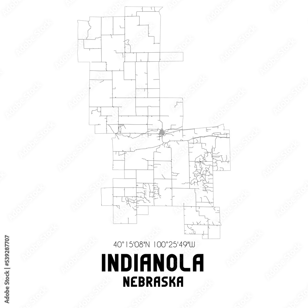 Indianola Nebraska. US street map with black and white lines.