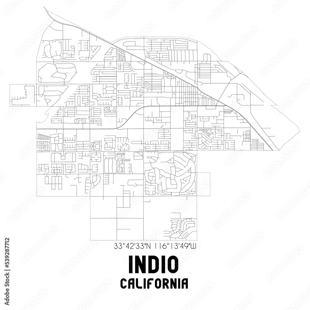 Indio California. US street map with black and white lines.