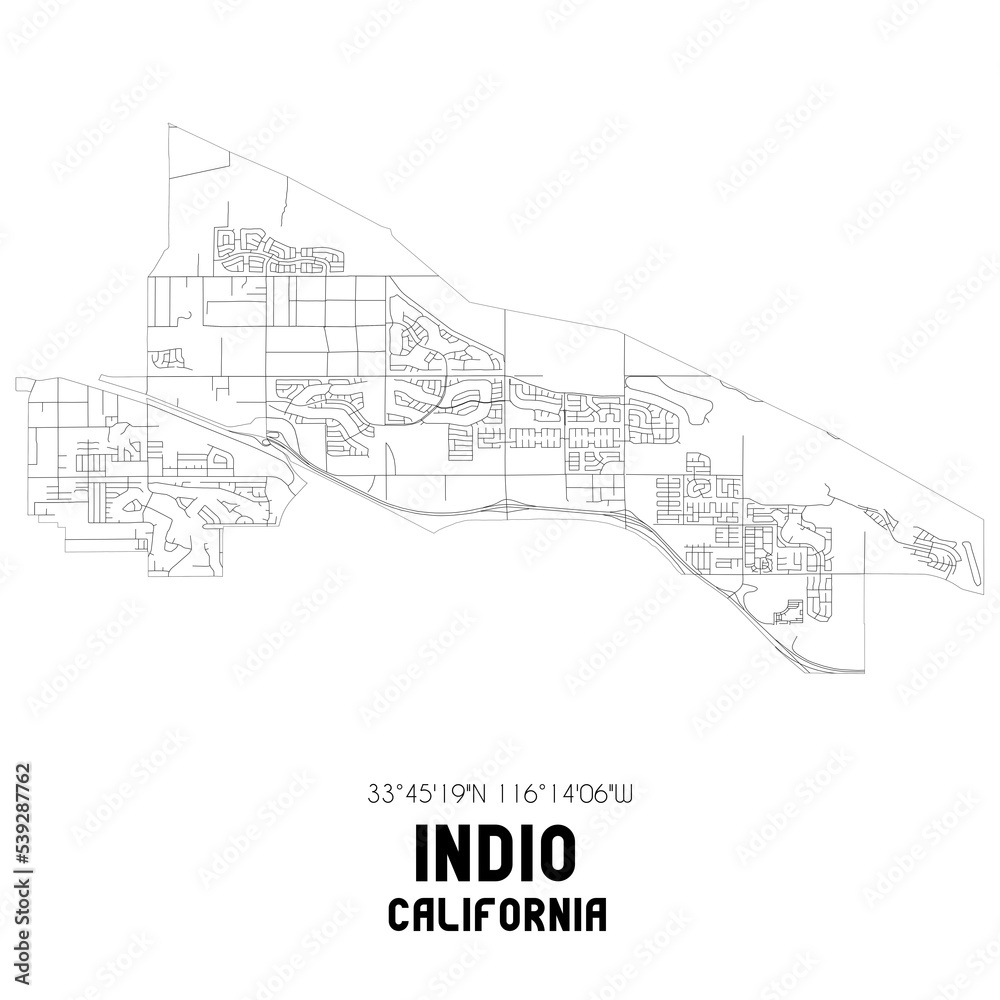 Indio California. US street map with black and white lines.