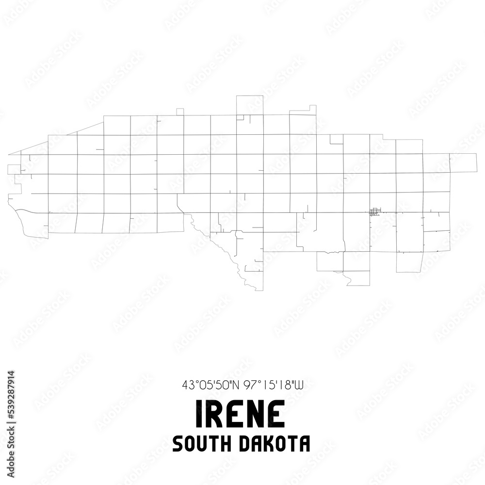 Irene South Dakota. US street map with black and white lines.