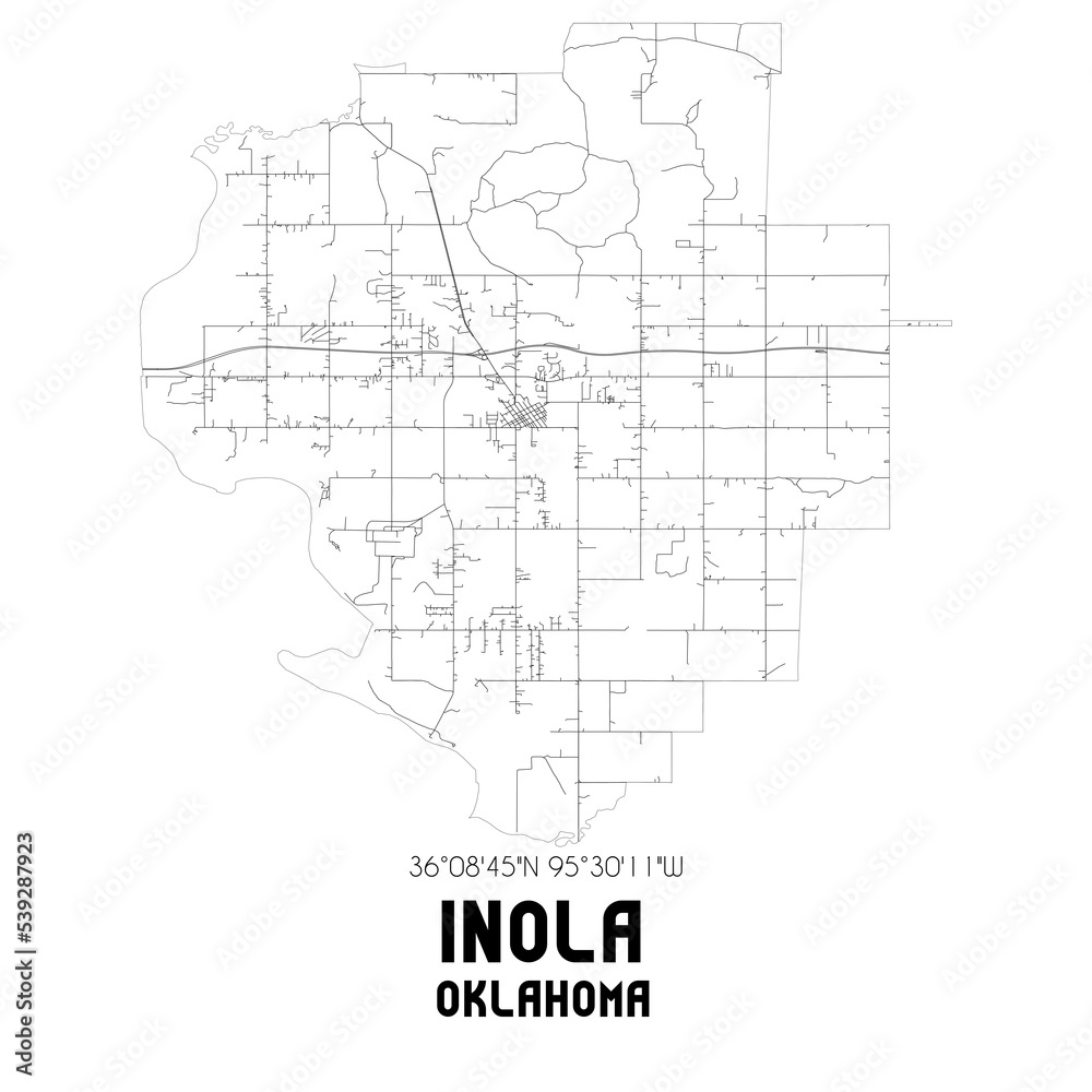 Inola Oklahoma. US street map with black and white lines.