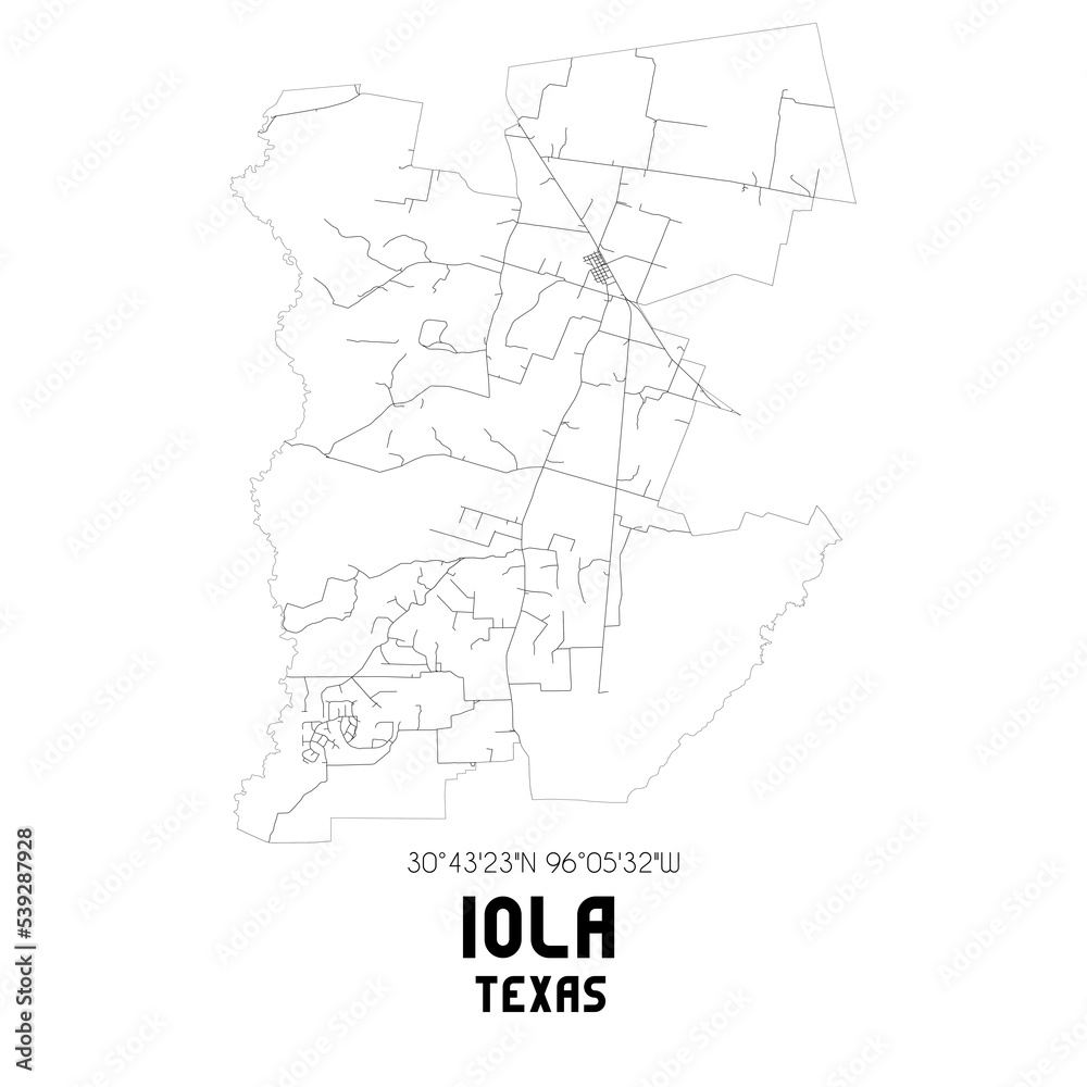 Iola Texas. US street map with black and white lines.