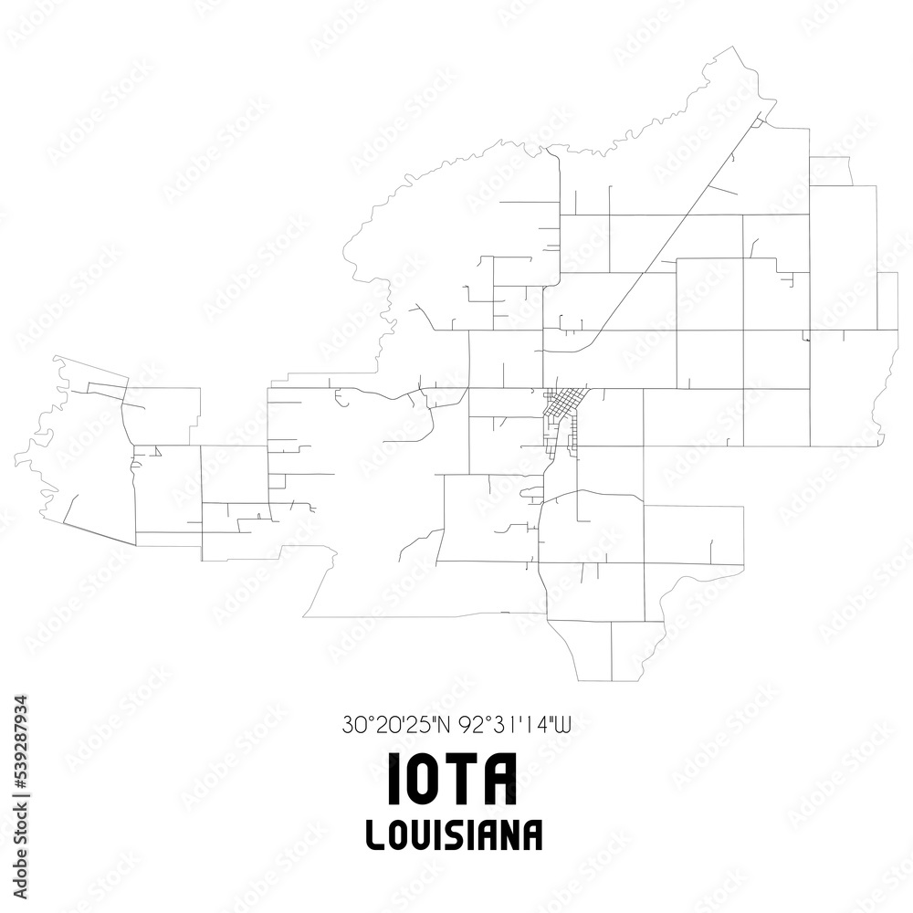 Iota Louisiana. US street map with black and white lines.