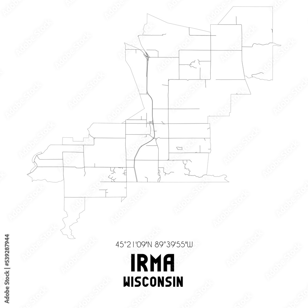 Irma Wisconsin. US street map with black and white lines.