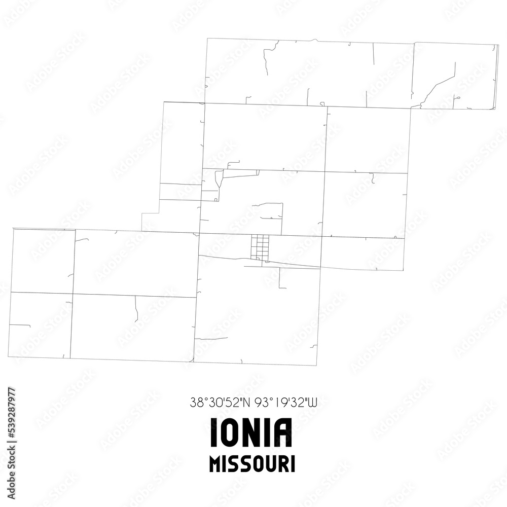 Ionia Missouri. US street map with black and white lines.