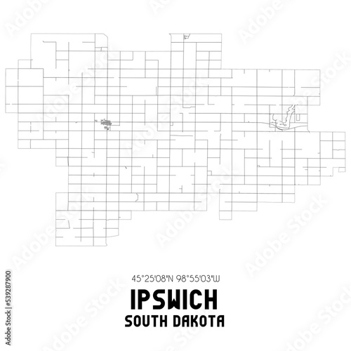 Ipswich South Dakota. US street map with black and white lines.